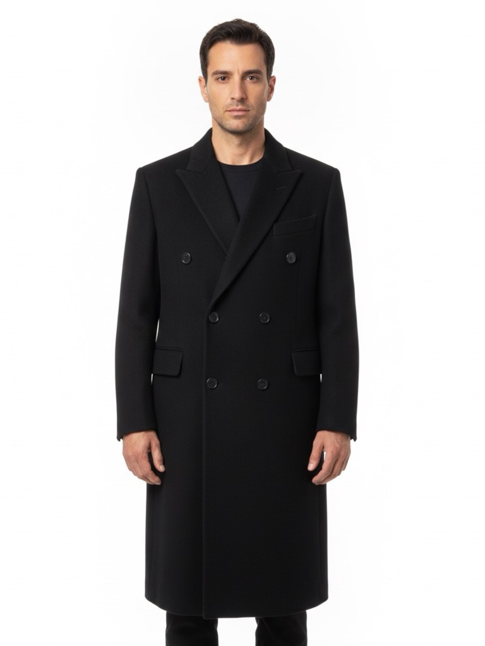 Men's Italian Nino Cerruti Double-Breasted Pure Wool Long Black Overcoat